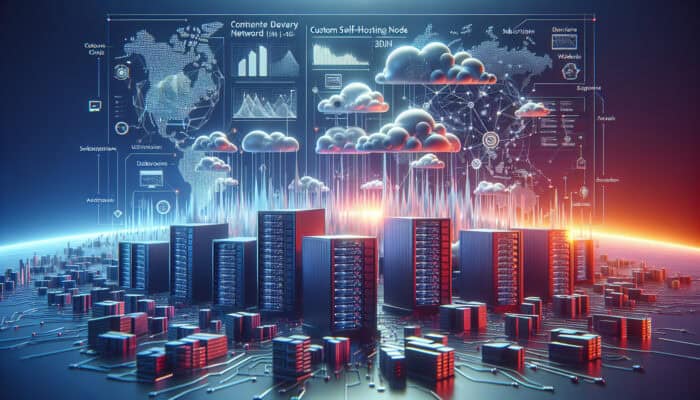 Illustration of dedicated servers, dynamic cloud formations, global CDN map, self-hosting setups, and linked subscription dashboards in a digital landscape.