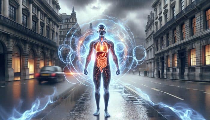 How to Lower Cortisol Naturally: Stressed professional on a rainy London street, with glowing adrenal glands symbolizing cortisol, amid energy waves for anxiety and immune response.