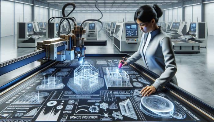 A technician operates a laser cutter in a high-tech workshop, crafting precise architectural models with CNC machines in the background.
