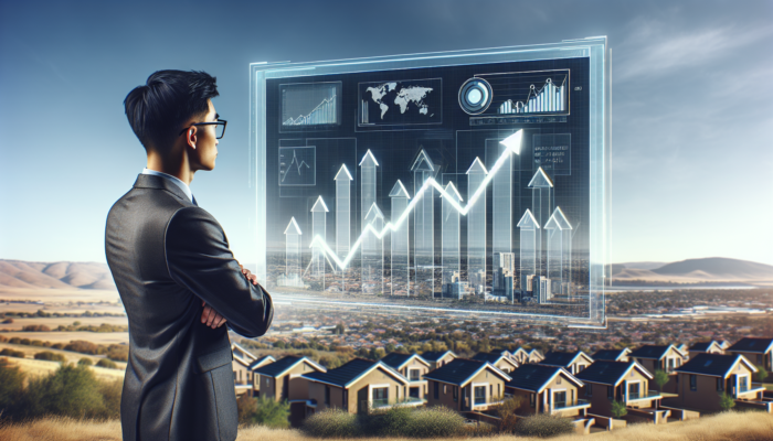 Real estate analyst presenting upward property trend graphs for entry-level homes in Bloemfontein, set against a South African suburban backdrop.