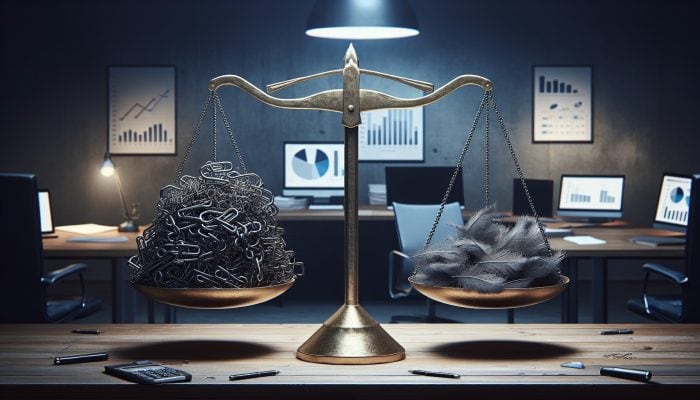 Debt Consolidation After Bankruptcy Discharge | DCL A balanced scale in a UK office, one side with tangled debt chains and risks, the other with a loan document symbolizing relief and lower rates.