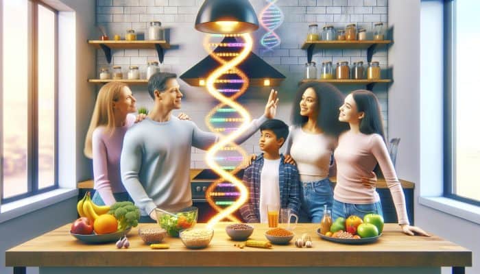 A diverse family in a UK kitchen examines a glowing DNA helix chart, avoids processed foods, and views posters on personalized diets and stress management.