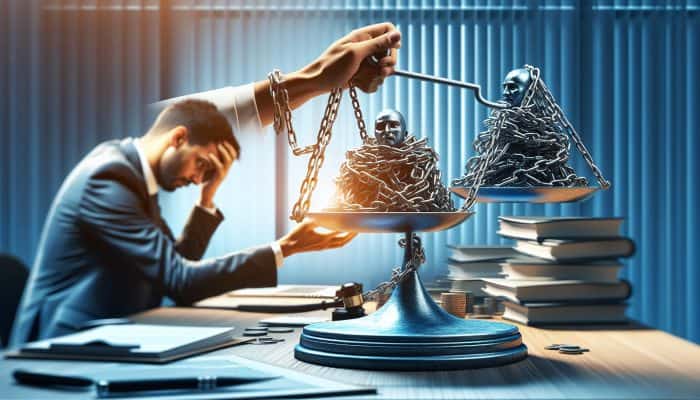 A stressed borrower in a modern office hands tangled debt chains to a confident guarantor balancing them on a scale, symbolizing relief and unity.