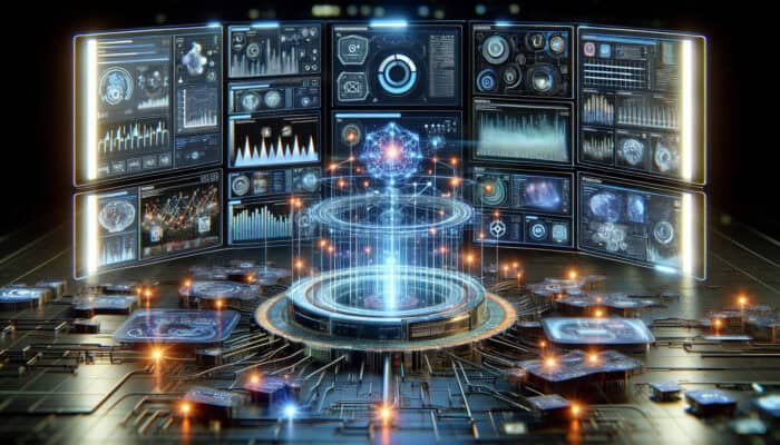 A futuristic digital dashboard integrates social listening and video analytics tools, displaying data streams, graphs, and holographic screens.