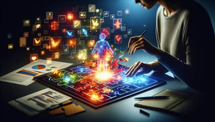 A digital strategist at a sleek desk places glowing keywords into a vibrant webpage, surrounded by charts, symbolising engaging content creation.