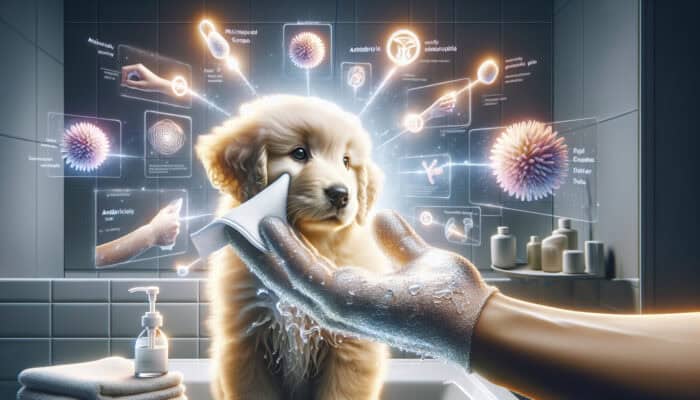 A fluffy golden retriever puppy is gently cleaned with glistening hygiene wipes in a bright bathroom, eliminating dirt and leaving fur fresh.