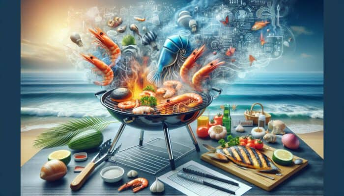 An outdoor grilling scene showcasing fresh shrimp and fish on a charcoal grill, with essential grilling tools like tongs, fish basket, and basting brush amidst smoke and ocean waves.