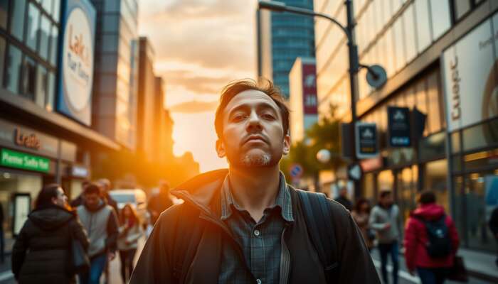 A vigilant urban commuter on a bustling city street at dawn, scanning surroundings with focused eyes while deep breathing for mindfulness.