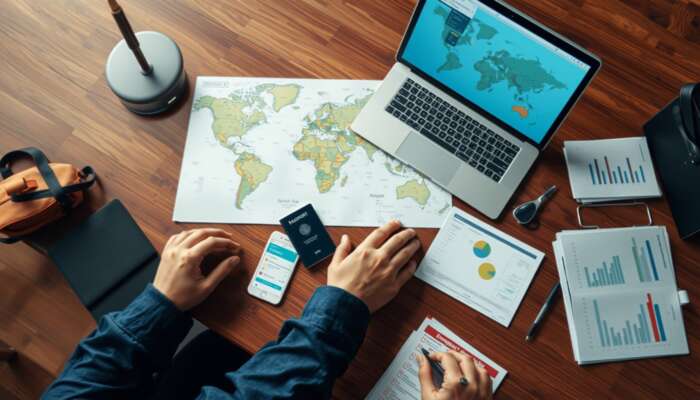A traveller at a wooden desk plans a trip with a world map, laptop showing apps, passport, documents, budget chart, and emergency list.