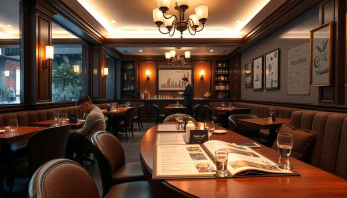 A cosy restaurant with warm lighting, elegant decor, a diverse menu on the table, customers leaving reviews, and attentive staff.