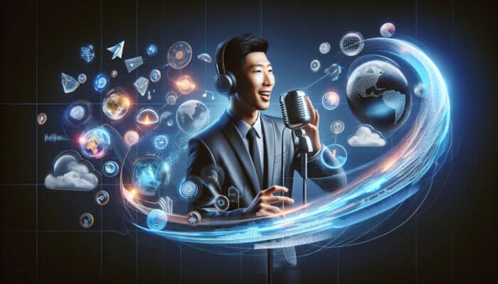 A podcast host speaking into a microphone, surrounded by floating graphics, images, and text overlays in a vibrant digital scene.