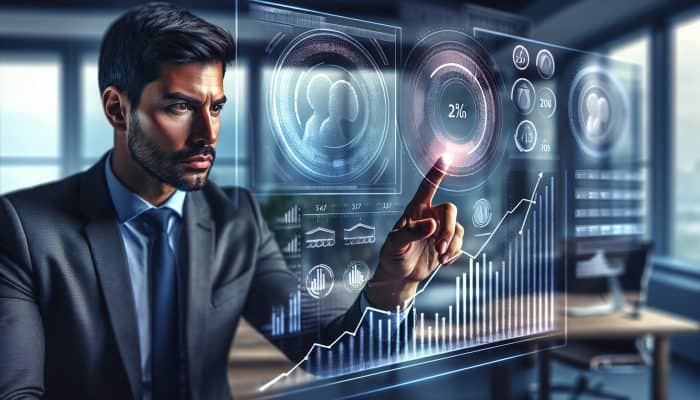 Using a Balance Transfer vs Consolidation Loan | DCL Determined professional in modern London office reviews balance transfer documents amid holographic credit scores and approval scale.