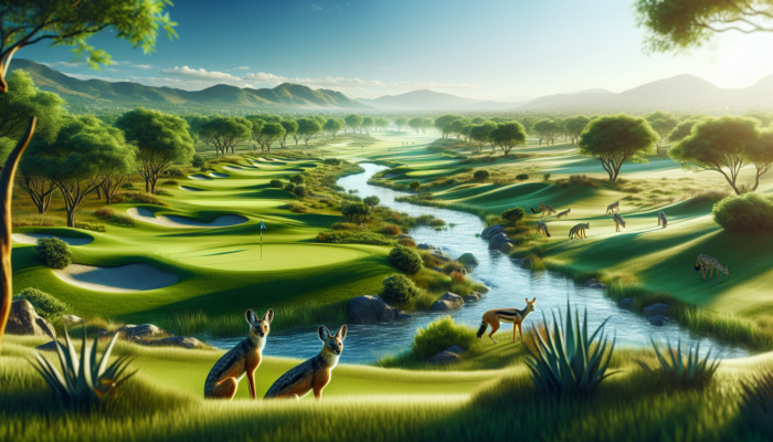 Aerial view of Jackal Creek Golf Club: showcasing lush green fairways, a sparkling creek, majestic trees, roaming jackals, and a clear blue sky.