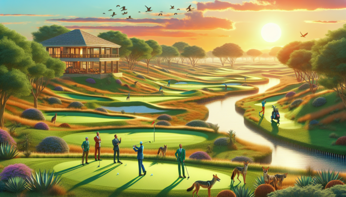 Vibrant golf course at Jackal Creek featuring manicured greens, a winding creek, distant jackals at sunset, players teeing off, and a luxurious clubhouse.