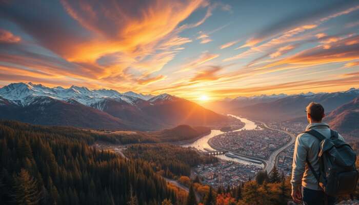 Aerial view of a travel route with winding roads through snow-capped mountains, forests, rivers, landmarks, markets, and a backpacker at sunset.