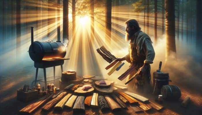 Rugged chef examines hickory, oak, and cherry woods in a sunlit forest clearing for smoking, surrounded by tools and smoked meats.