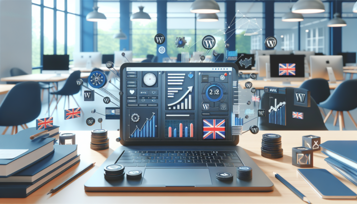 WordPress Website Design Company in Bournemouth: Bustling Bournemouth office with laptop displaying customised WordPress dashboard, themes, and plugins; surrounded by UK flags, growth charts, and digital tools.