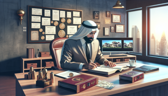 Evaluator examining an estate agent's portfolio with documents, awards, and photos in a modern office under soft light.
