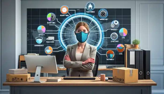 Business analyst in a modern Darlington office evaluating PPE suppliers with charts, icons, and customised masks for efficiency.