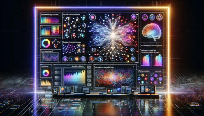 A futuristic digital dashboard in an AI lab displays glowing neural networks forming colourful clusters of customer data segments.