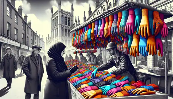 A shopper inspects colourful gloves at a lively Leicester market stall, with historic brick buildings and a gray sky in the background.