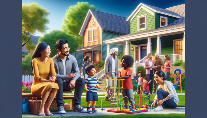 Vibrant family scene in Kimberley's neighborhood: diverse family outside home, children playing in lush park, neighbors chatting at event under sunny sky.