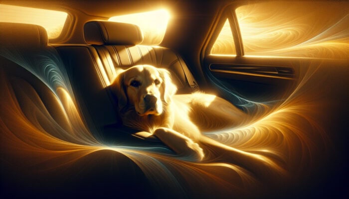 Sedation Options for Anxious Pet Travelers: Serene golden retriever peacefully resting in a car seat during a road trip, calmed by Diazepam and soft sunlight.