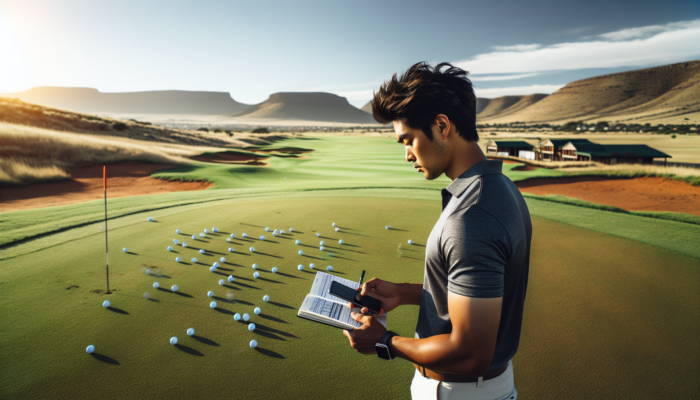 A golfer in Bloemfontein analyses data on a smartphone app while practising drills on a sunny fairway, holding a notebook amid greens and hills.