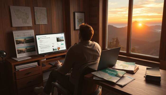 A traveller in a cosy room sits at a desk with a laptop displaying hotel options, surrounded by maps and a stunning mountain sunset view.