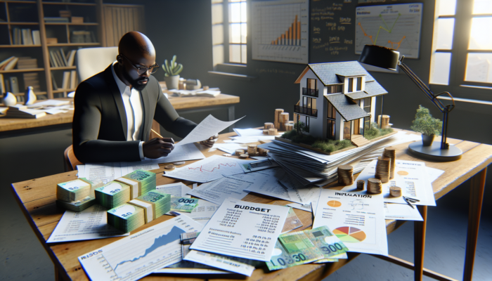 Financial advisor in Giyani reviews budget spreadsheets, property blueprints, rand notes, and inflation graphs with a house model nearby.