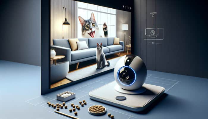 Interactive Cameras for Pet Monitoring: A sleek interactive pet camera in a cozy living room, with a curious cat watching treats dispense, as an owner waves remotely on a smartphone.