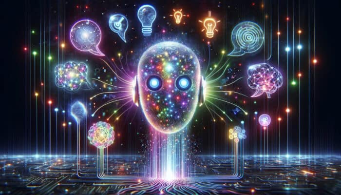 A holographic AI chatbot in a digital realm with swirling NLP bubbles, evolving neural networks, and neon-lit integration cables.