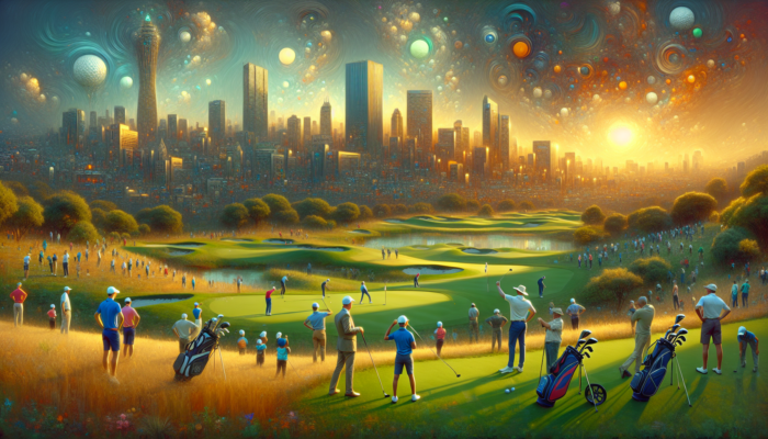 Diverse golfers at a South African metropolitan club: juniors learning from experts on lush greens under sunny skies.