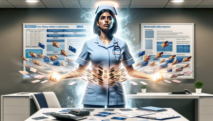 Debt Consolidation for NHS and Public Sector Staff | DCL NHS nurse in uniform transforms chaotic credit cards into a glowing loan document in a modern UK office.