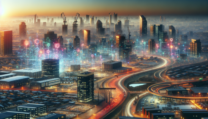 Bustling Rustenburg cityscape at dawn: modern high-rises, winding highways, active mining sites, and construction cranes symbolising economic growth.