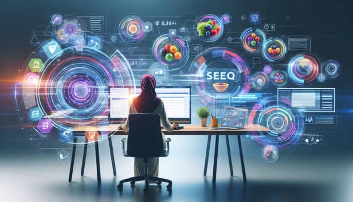 A focused analyst at a modern desk, surrounded by floating holographic keywords, reviewing SEO analytics on multiple screens.