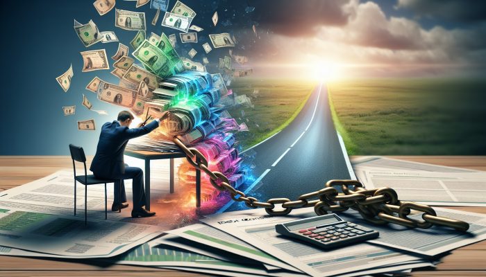 Debt Consolidation vs Debt Relief Orders: Pros and Cons | DCL A professional advisor guides a stressed person: colorful debt bills merging into one document, chains breaking, and a bright path to financial freedom.