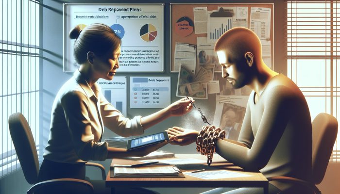 Stepchange vs Debt Consolidation Loans Compared | DCL StepChange advisor in a modern London office guides relieved single parent on tablet, with fading broken chains symbolizing hope and financial freedom.