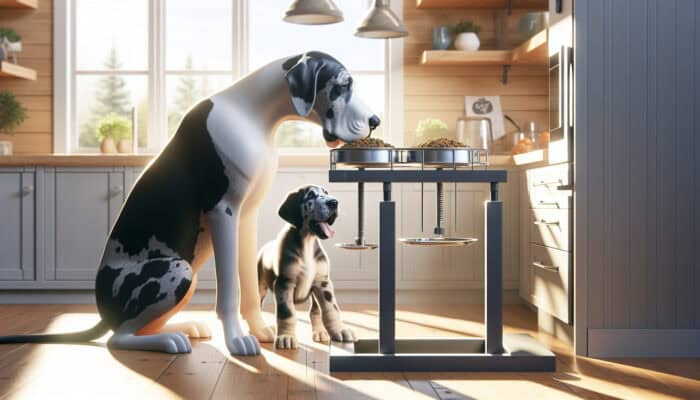 A Great Dane puppy and adult eating from an adjustable elevated feeder in a sunny kitchen, promoting healthy posture.