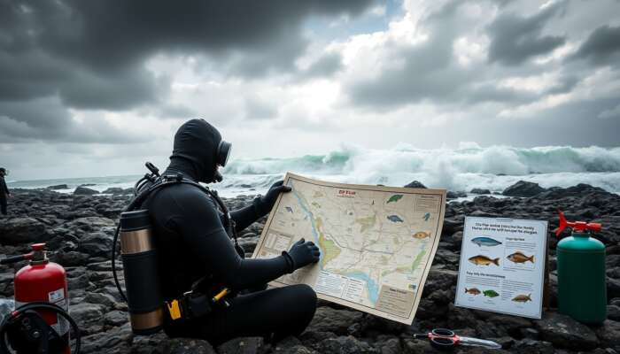 Diver in wetsuit studies dive plan map on rugged beach under stormy skies, surrounded by gear and marine illustrations.