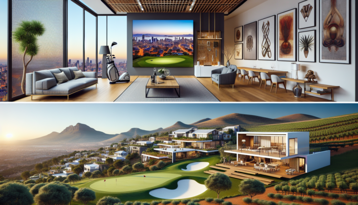 A modern Johannesburg apartment with a foldable golf simulator and urban views, contrasted by a luxurious Winelands home's immersive golf room.