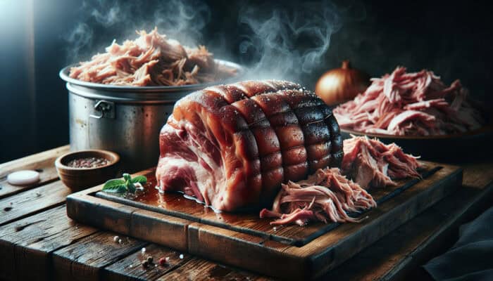 The art of cooking tender pulled pork at home: Close-up of marbled pork shoulder and Boston butt roasting in a smoker, with steam rising and tender shredded meat.