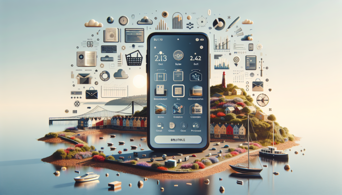 Online Store Design in Clevedon for Small Business: A smartphone screen showcases a Clevedon online store with intuitive navigation, quick buy buttons, vibrant product images, and a Bristol coastal backdrop.