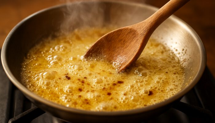 Golden butter browning in a stainless steel pan, with steam rising and a wooden spoon stirring.