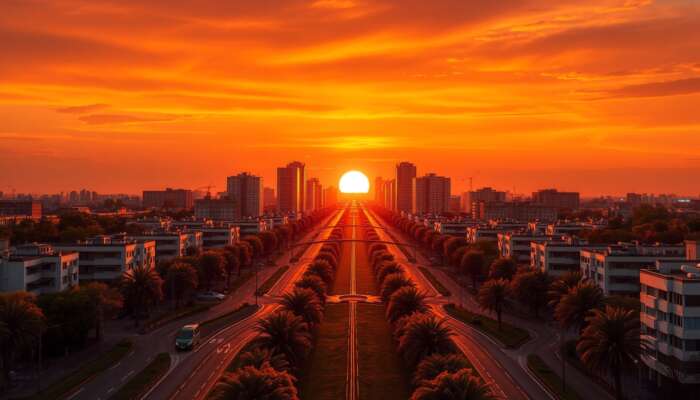 Symmetrical urban landscape captured at golden hour, featuring winding paths leading to a vibrant focal point with bold warm-cool colour contrasts.