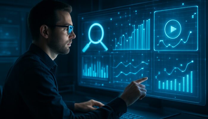 Digital strategist monitors holographic SEO graphs while adjusting video icons in a futuristic control room.