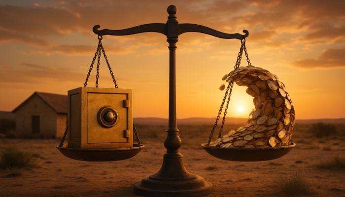 Rustic Beaufort West home: secured with fixed rates, coins representing variable rates, under a balancing scale at sunset.