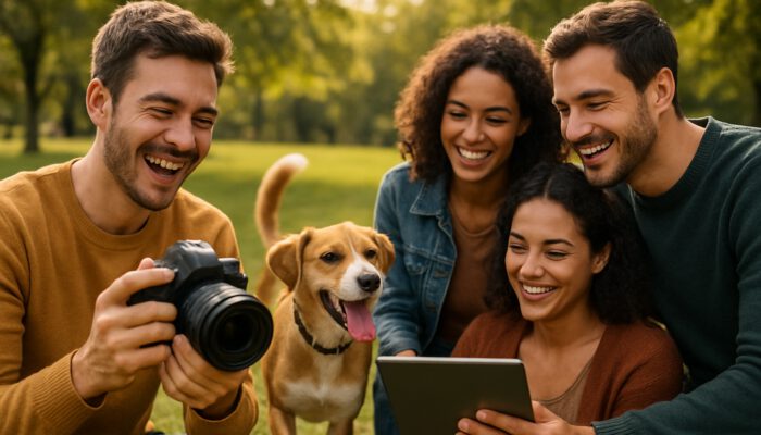 Joyful pet owner photographing playful dog in park, friends viewing shared photos on tablet.