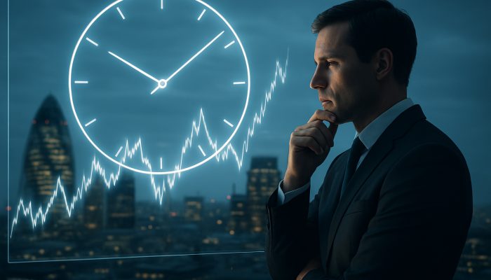 Sharp-dressed London broker analysing stock market graphs on a screen with a clock for optimal investments.