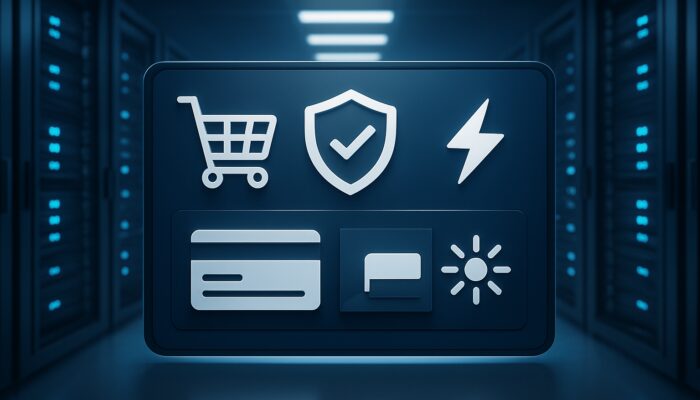 An e-commerce dashboard showcasing server racks, shopping carts, and secure payment icons for dependable hosting support.